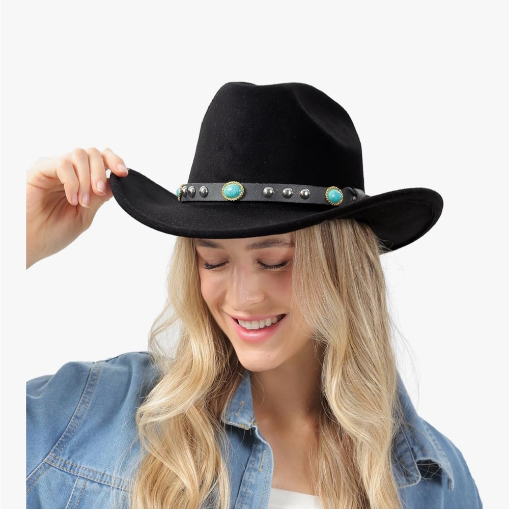 Nickoler Suede Western Cowgirl Hat for Women Black with Turquoise Accent Size L